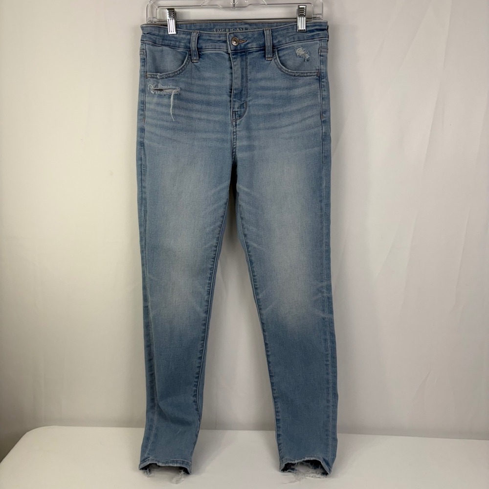 American Eagle High Rise Jegging Light Wash Distressed Frayed Hem Jeans Size 10 - Picture 6 of 11